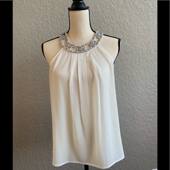 White Blouse with Iridescent Crystal Neck Line 💎 - Picture 1 of 2